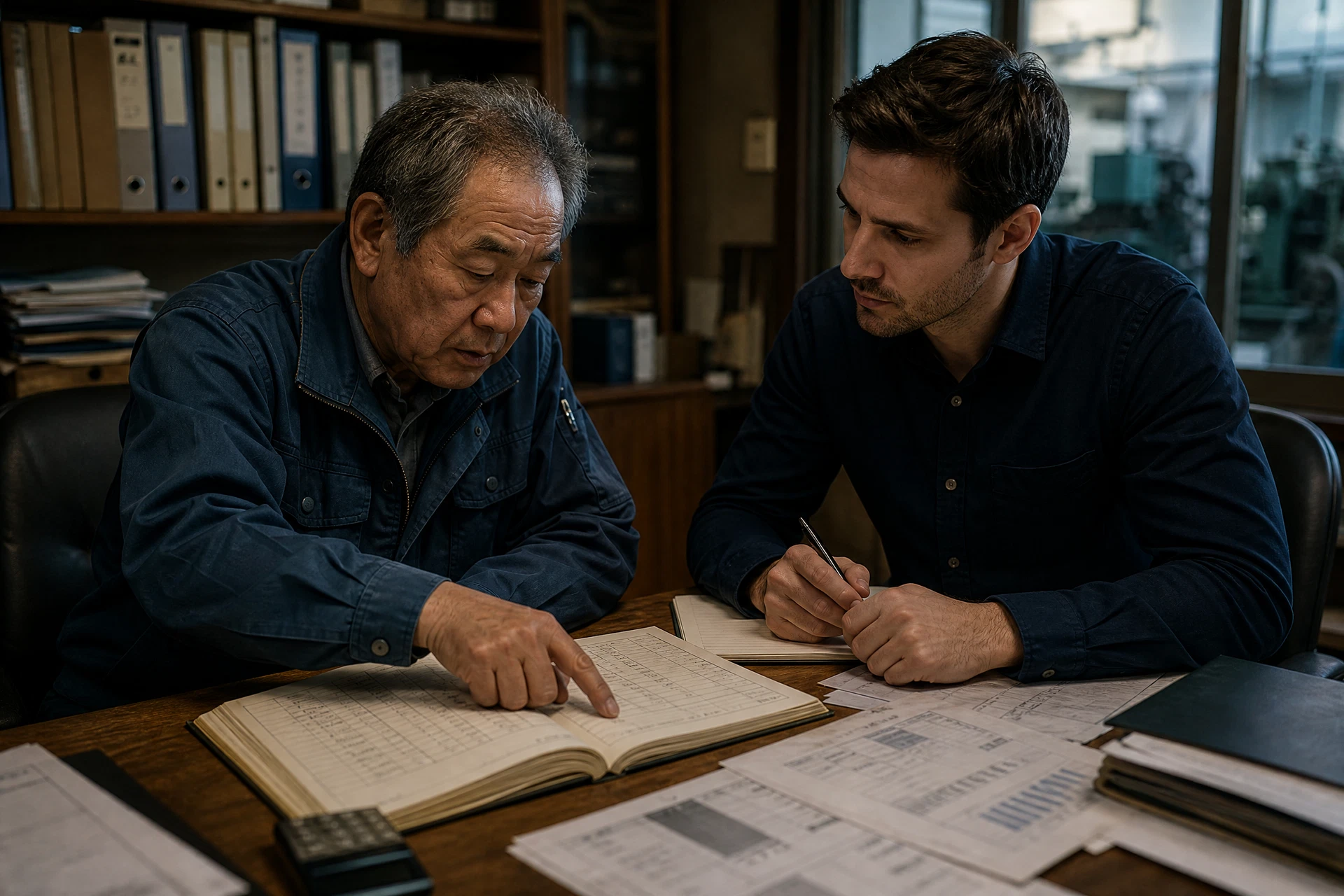 A retiring Japanese owner and a new international owner reviewing the company's books together during a succession handover